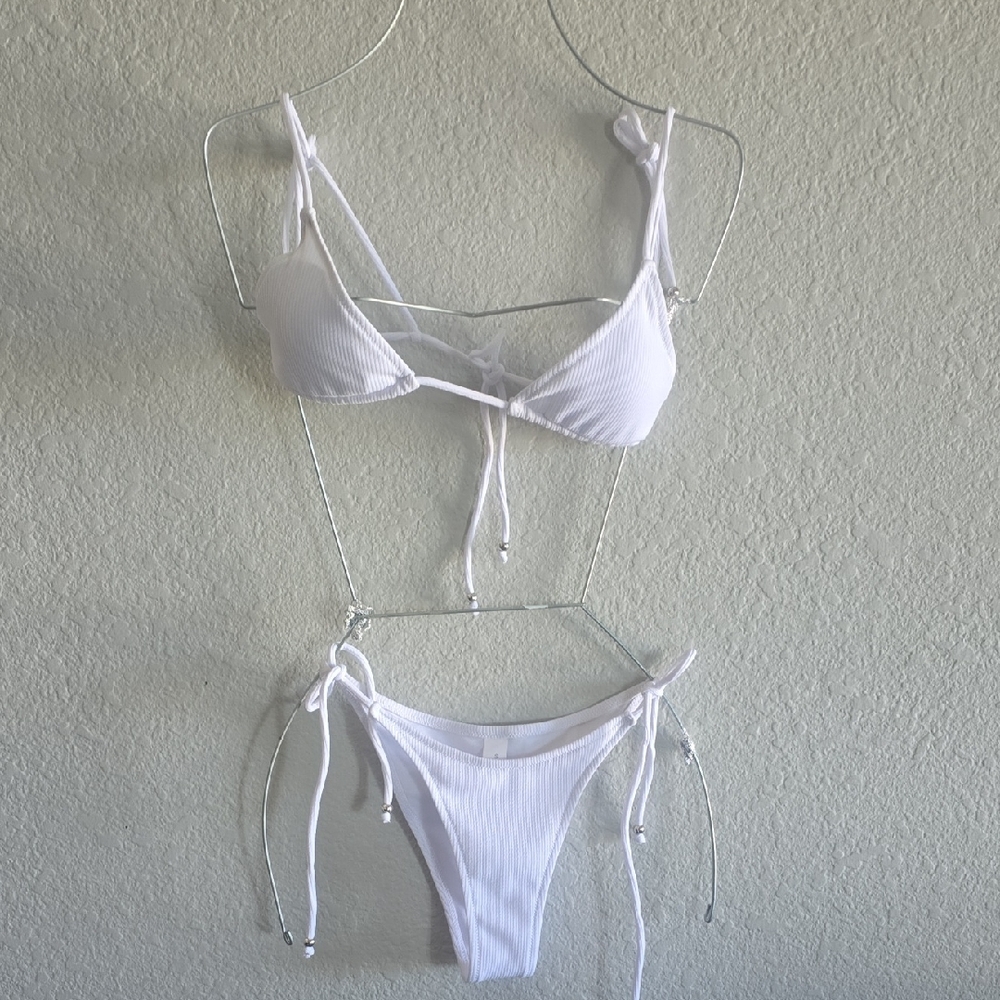 White Ribbed Tie-String Bikini Set
